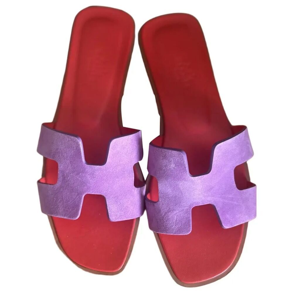 Authentic HERMES Suede Goatskin Oran Sandals size 37 in Violet Parme - Picture 2 of 11